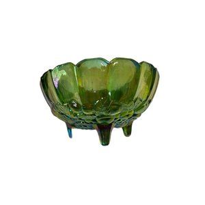 Vintage Indiana Green Blue Carnival Glass Oval Footed Fruit Bowl Iridescent